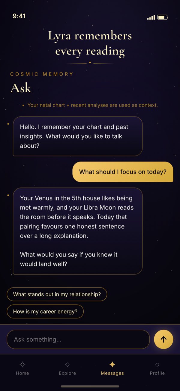 The chat screen where Lyra answers using the chart and earlier readings as context.