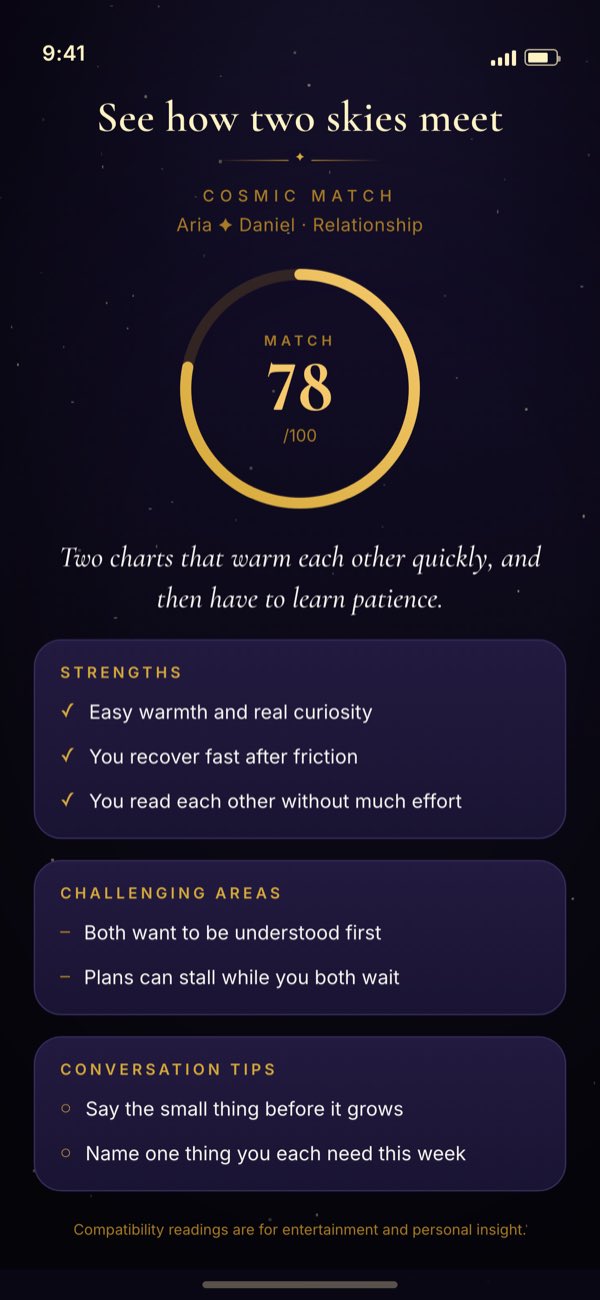 A compatibility reading showing a match score, strengths, challenging areas and conversation tips.